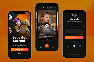 Comedy App artists branding comedy app figma home screen login logo performance splash ui video upload videos