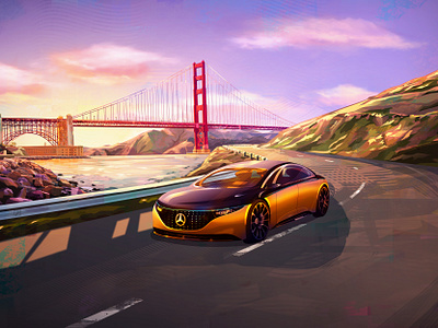 Golden Ray bay area bridge car colourful design golden gate illustration lights mercedes benz print san francisco sunset vector