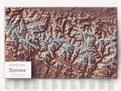 The 128 main peaks of the Pyrenees 3d blender 3d cartography art custom maps data visualization digital art france map geospatial data mountains mountaint peaks poster design pyrenees shaded relief topography