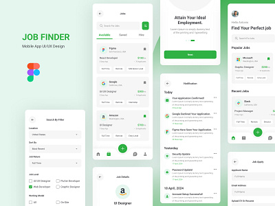 Job Finder Mobile App UI/UX Design app application. career clean hire hiring interface job job finder job search mobile mobile app portal resume ui design user experience user interface vacancies vacancy work