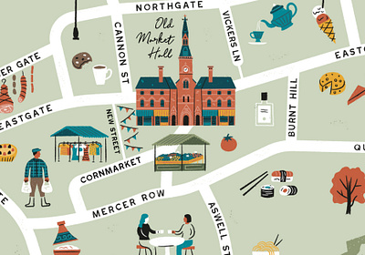 Interactive illustrated food trail map branding cafe drink event flyer food guide ice cream illustrated illustration interactive landmarks map market places shopping streets town hall trail