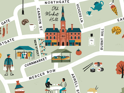 Interactive illustrated food trail map branding cafe drink event flyer food guide ice cream illustrated illustration interactive landmarks map market places shopping streets town hall trail