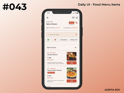 Daily UI 043 - Food Menu Items app design dailychallenge dailyui design figma food food app food delivery app ios menu mobile product design prototyping swiggy ui ui design uiux ux ux design wireframing