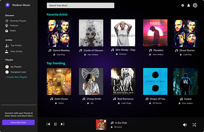 Music Application Home Page - Desktop Mode 3d animation branding dashboard graphic design home page motion graphics music ui