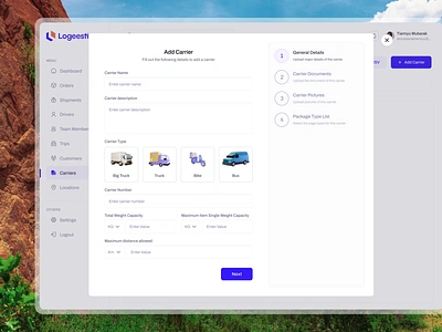Add Carrier - Logistics Management add carrier app carriers design logistics logistics management ui uitrends user interface design user interface designer ux web app