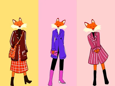 Foxy Fashion Trio 3d animal art branding characterdesign colors design digital art fashion fox foxyfashion graphic design illustration outfit vector vibrant