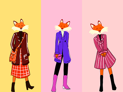 Foxy Fashion Trio 3d animal art branding characterdesign colors design digital art fashion fox foxyfashion graphic design illustration outfit vector vibrant