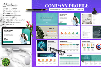 Company Profile PowerPoint Presentation Template adobe illustrator branding design design template editable graphic graphic design microsoft powerpoint powerpoint presentation