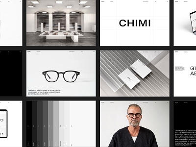 Chimi Optics Concept brand branding business card chimi design device fashion glasses grey grid guidelines laptop layout logo minimal mockup presentation slides ui ux