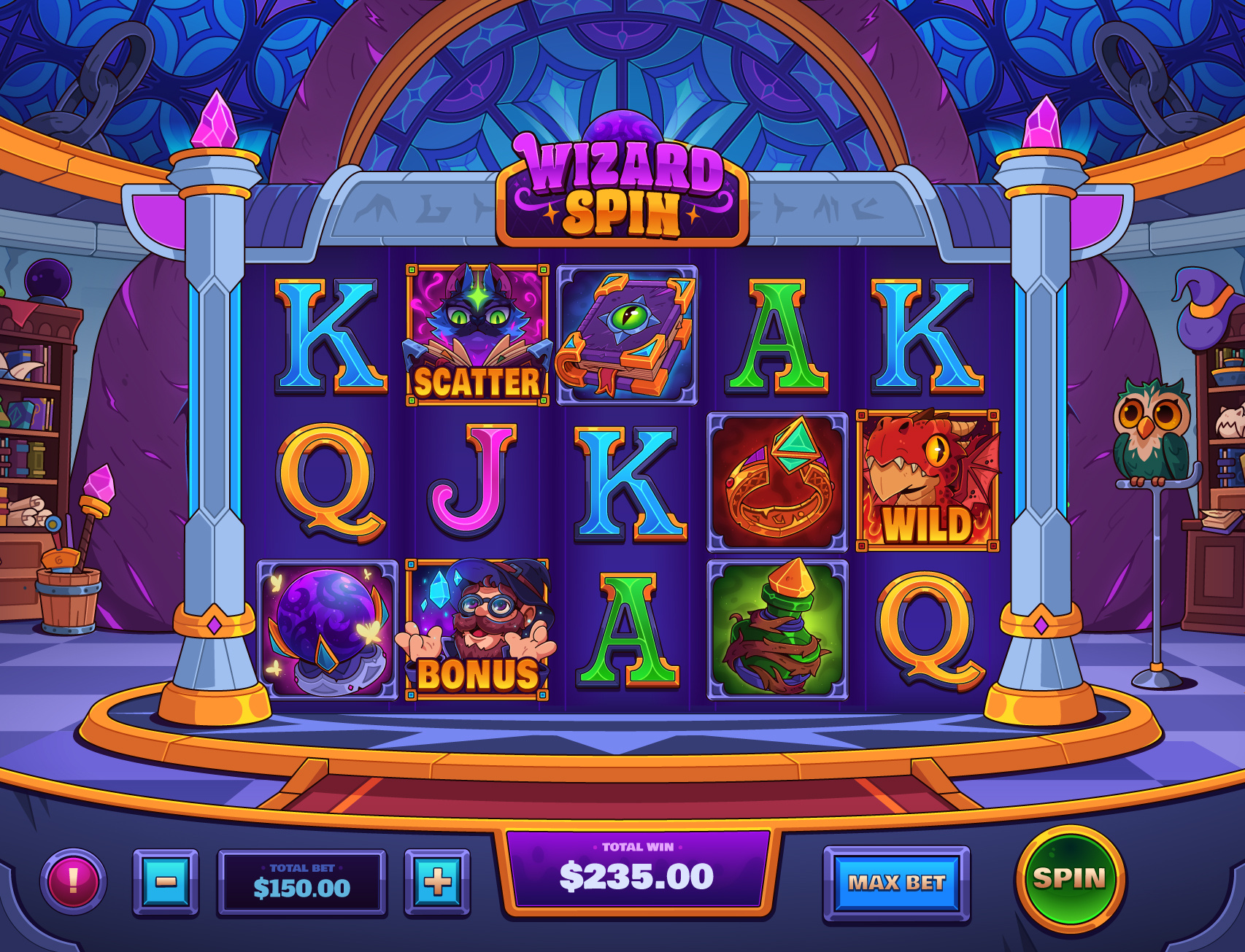 Wizard Spin: Slot Game 2d art cartoon casino casino game casual game dragon fantasy gambling game game interface game ui illustration magic online casino slot slot art slot game slot machine wizard