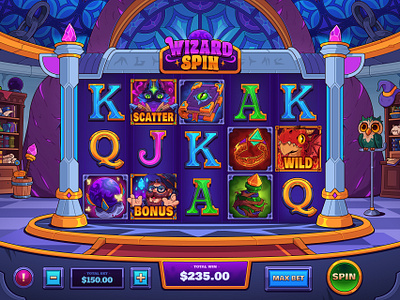 Wizard Spin: Slot Game 2d art cartoon casino casino game casual game dragon fantasy gambling game game interface game ui illustration magic online casino slot slot art slot game slot machine wizard