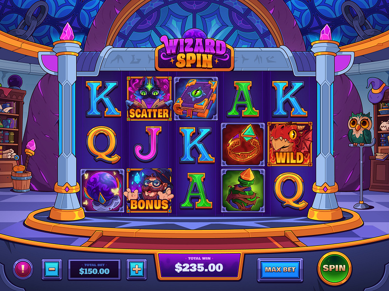 Wizard Spin: Slot Game 2d art cartoon casino casino game casual game dragon fantasy gambling game game interface game ui illustration magic online casino slot slot art slot game slot machine wizard