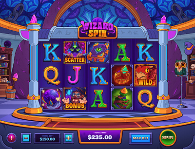 Wizard Spin: Slot Game 2d art cartoon casino casino game casual game dragon fantasy gambling game game interface game ui illustration magic online casino slot slot art slot game slot machine wizard