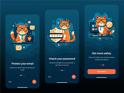 Cybersecurity app cat cybersecurity data leaks search digital generate gradient illustration malicious url scanner mobile onboarding orange password password checker phone number validator profile safeguard safety secure ui ux