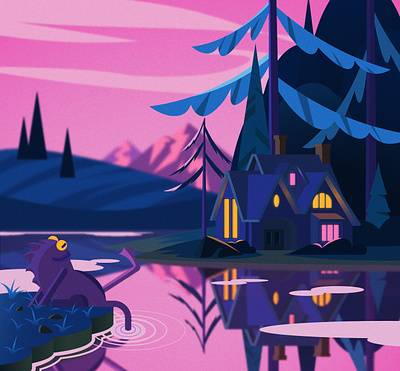 A Quiet Evening character colors evening flat illustration il illustration lake landscape saturated colors vector