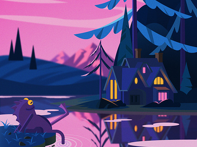 A Quiet Evening character colors evening flat illustration il illustration lake landscape saturated colors vector