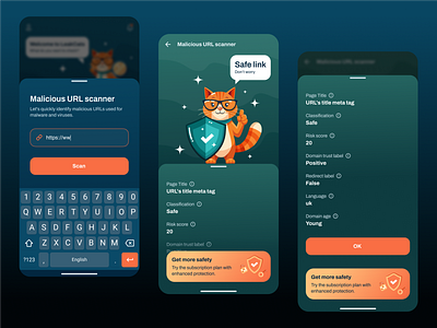 Cybersecurity app app cybersecurity data leaks search digital generation gradient illustration malicious url scanner mobile orange cat password checker phone number validator protect safe safeguard safety sapienix ui user friendly ux