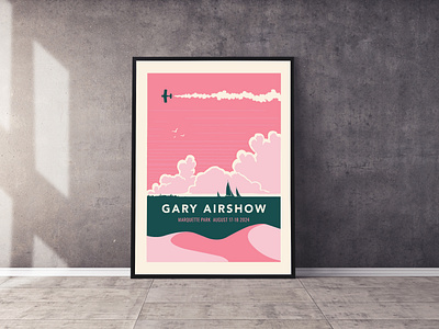 Gary Airshow 2024 Poster airplane airshow beach clouds design dunes graphic design poster design sailboat sailing summer travel poster vector