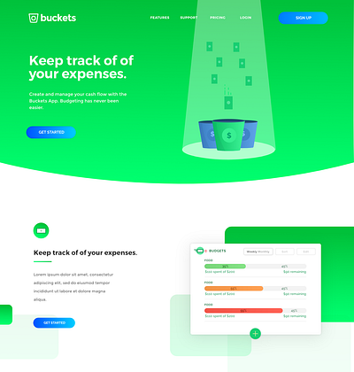 Buckets Budget Manager Landing Page dashboard illustration landingpage logo