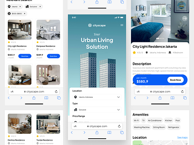 Cityscape - Apartment Booking Mobile Responsive agent apartment apartmentbooking apartmenthunting booking booking app booking platform cityscape figma minimal design mobile design mobiledesign mobileresponsive online booking properties property app propertybooking realestate responsivedesign room booking