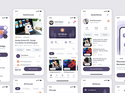 Coriusee - Online Learning Mobile App UI Kit clean course course app e course e learning ui illustrative learning app mobile app ui modern online learning online learning ui purple ui ui design