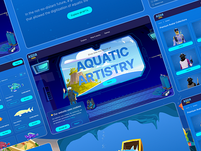 AquaMania - Dive into the world of Aquatic Artistry avatar blockchain design fish gaming landing page nft ocean product sea ui underwater