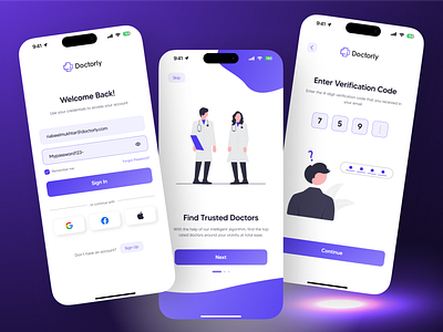 Doctorly ✦ Mobile Application app design app ui appointment booking doctor intuitive ios login medical minimal mobile app modern onboarding signup typography ui