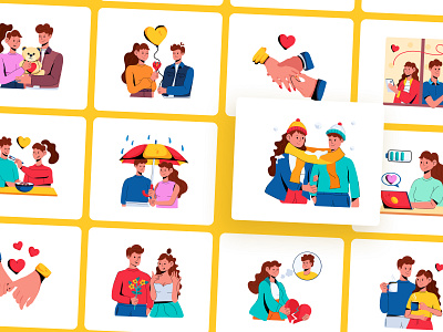 Dating Icons boy character couple dating dating app dating icons flat design girl hearts icon design icon set iconography illustrator love online dating people relationship romance romantic vector