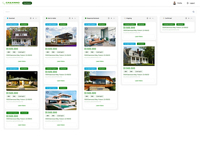 Kanban Board branding craxinno craxinnotechnologies design figma design graphic design housing kanban kanban template kanbanboard listing property listing real estate software development ui