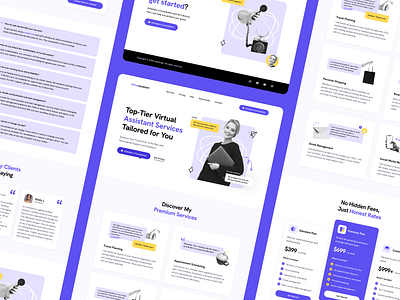 Virtual Assistant Framer Template assistant branding clean illustration landing page minimal onepager portfolio purple ui uidesign violet virtual assistant website yellow