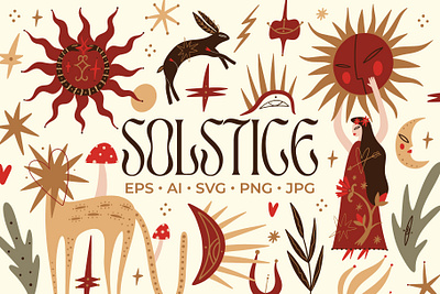 Solstice Bundle abstract animals boho bundle cartoon characters doodle folk illustration litha magic modern scandinavian solstice spell sun vector wicca wiccan