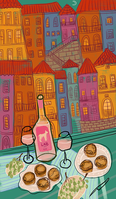 evening in porto advertising advertisingillustration brand identity branding city concept art dinner drawing editorial food funky illustration luxury pastel de nata pastry picnic portugal still life summer wine