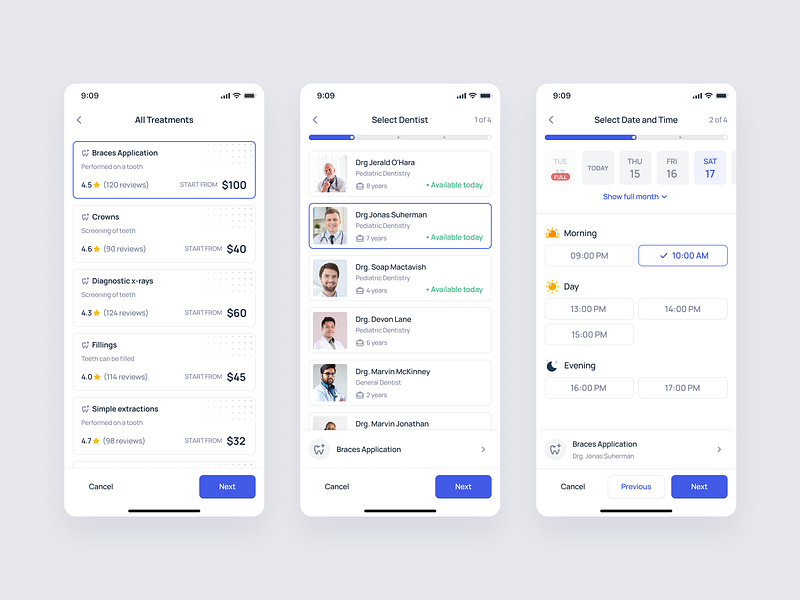 Zendenta - Dental Treatment Booking Flow in Patient Mobile App app booking clinic dental dentist ehr emr hospital management medial records mobile mobile app patient product design saas saas dental saas design treatment ui ux