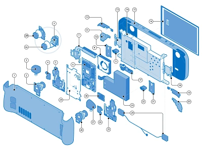 Steam Deck, Exploded Diagram adobe illustrator blueprints console diy exploded view gamer gaming ifixit instructional design isometric joystick repair guide steam deck systematic design tech technical drawing technical graphics technical illustration vector graphics video game