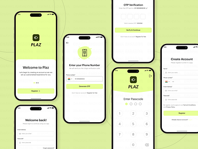 Plaz Login & Sign Up Flow UI Design app design figma login loginflow minimalist optscreen passcode play register sign up ui uidesign uiux uxdesign welcome screen