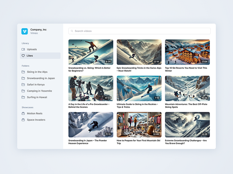 Video Explorer browser design explore explorer hero hero icons icons library menu moutains sidebar ski skiing snowboard ui ui design video explorer video library videos web design