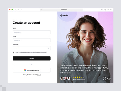 Create an account page UI auth clean create an account create an account page login minimal modern product design signup signup page testimonial ui ux web design