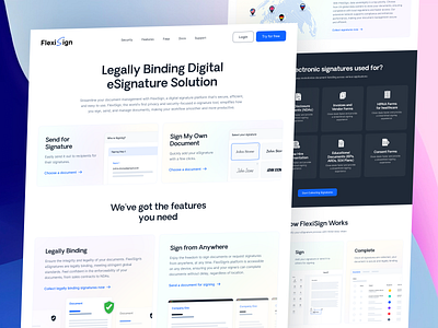 FlexiSign Home Page Redesign 🎨 app design application blue branding digital document electronic signatures esignature flexisign home page illustration latest trend platform saas sign signature software uiux webpage white