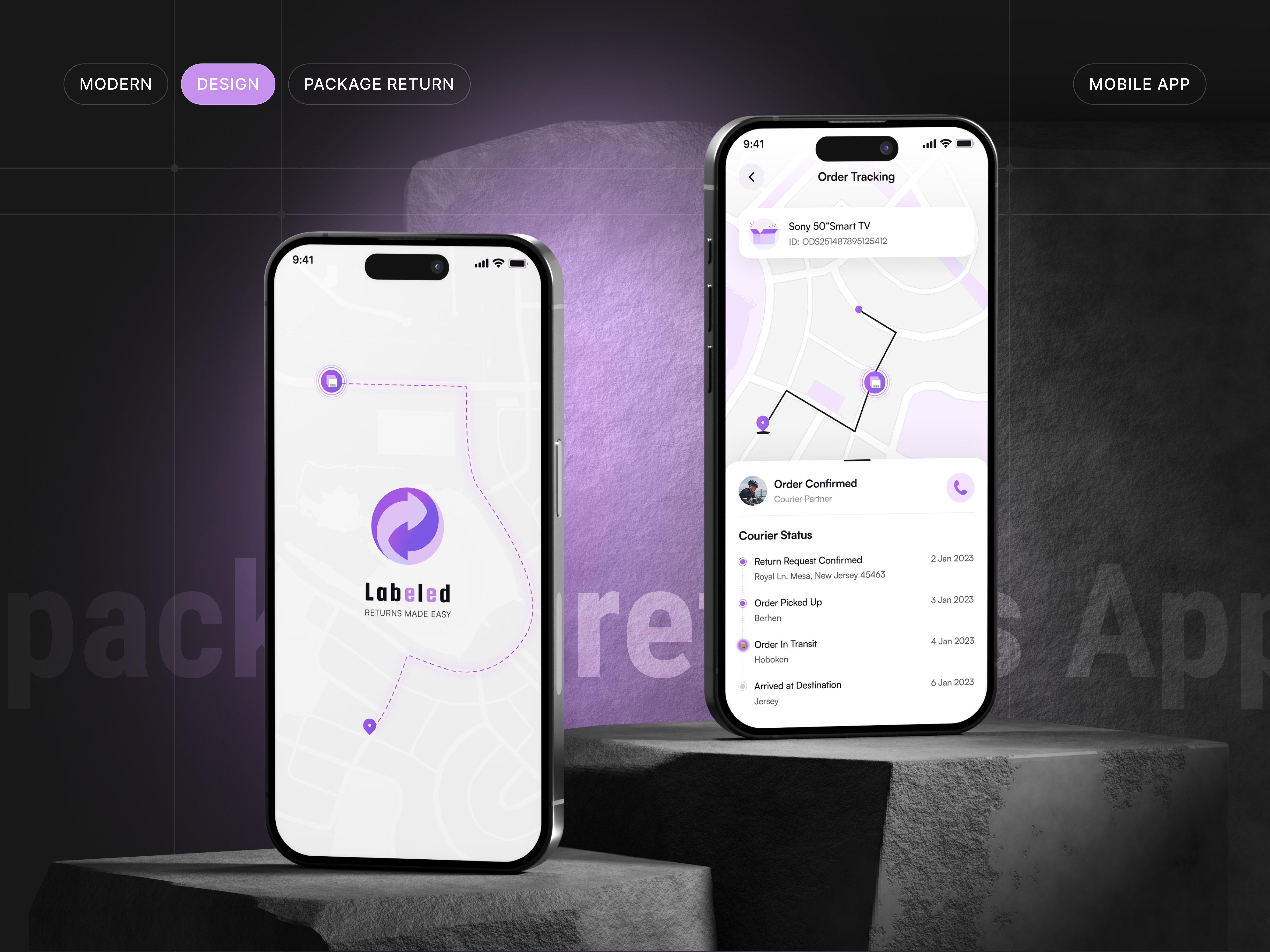 Labeled Returns - logistics Mobile App branding cargo clean delivery app logistics mangement minimal mobile app product tracking return currier shipping app tracking app transportation ui