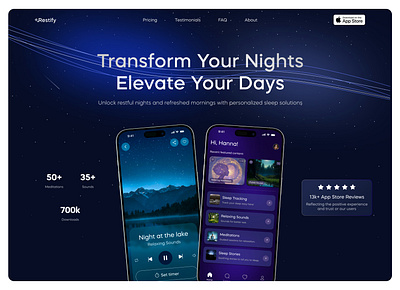 Restify Sleep App - Landing page app app store branding graphic design iphone iphone 15 landing landing page logo marketing product promotion sleep trend ui ui design ux web web design webdesign