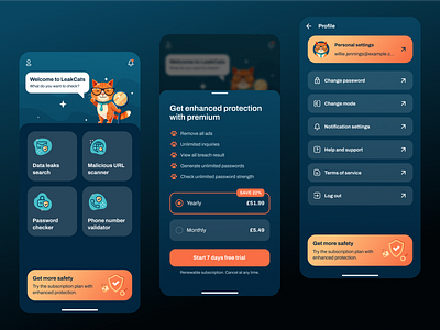 Cybersecurity app app create account cybersecurity data leaks search generate gradient illustration logout malicious url scanner mobile orange cat password checker phone number validator premium profile safety sapienix secure ui ux