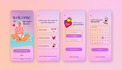 Period Tracker App ( UI/ UX project) app app design cycle tracking illustrations mobile design modern period tracking period tracking app pink style pregnancy tracking app ui ui design