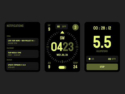 Monochromatic watch UI analog app complications smartwatch time ui watch watches wearable
