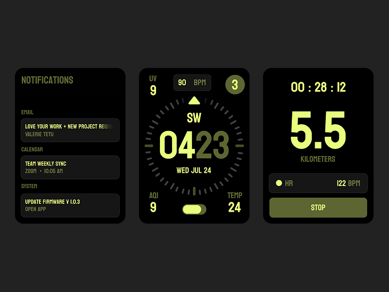 Monochromatic watch UI analog app complications smartwatch time ui watch watches wearable