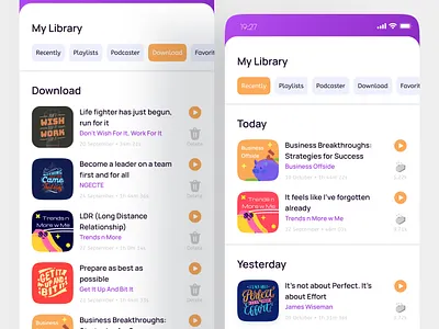 Dazzlecast - Library Recently & Download Screen, Podcast Apps android app design apps apps design brand brand guide branding colorful design figma graphic design illustration ios logo minimalist podcast responsive ui ui design uiux