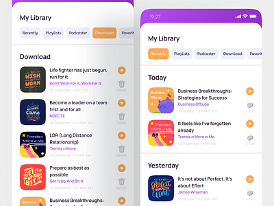 Dazzlecast - Library Recently & Download Screen, Podcast Apps android app design apps apps design brand brand guide branding colorful design figma graphic design illustration ios logo minimalist podcast responsive ui ui design uiux