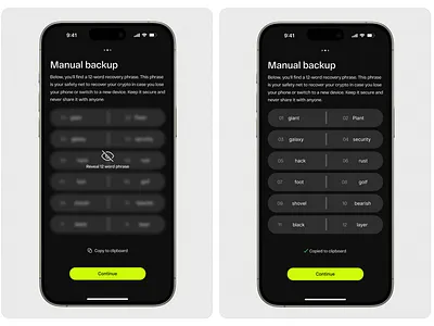 Backup Seed Phrase crypto cryptowallet daap defi design productdesign ui uidesign ux web3