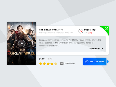 Movie Card action aventure brand branding graphic design illustration illustrator ai movie card old photoshop psd player populatiry print designer rating sdenior designer stars the great wall typo typography ui ux designer video watch now