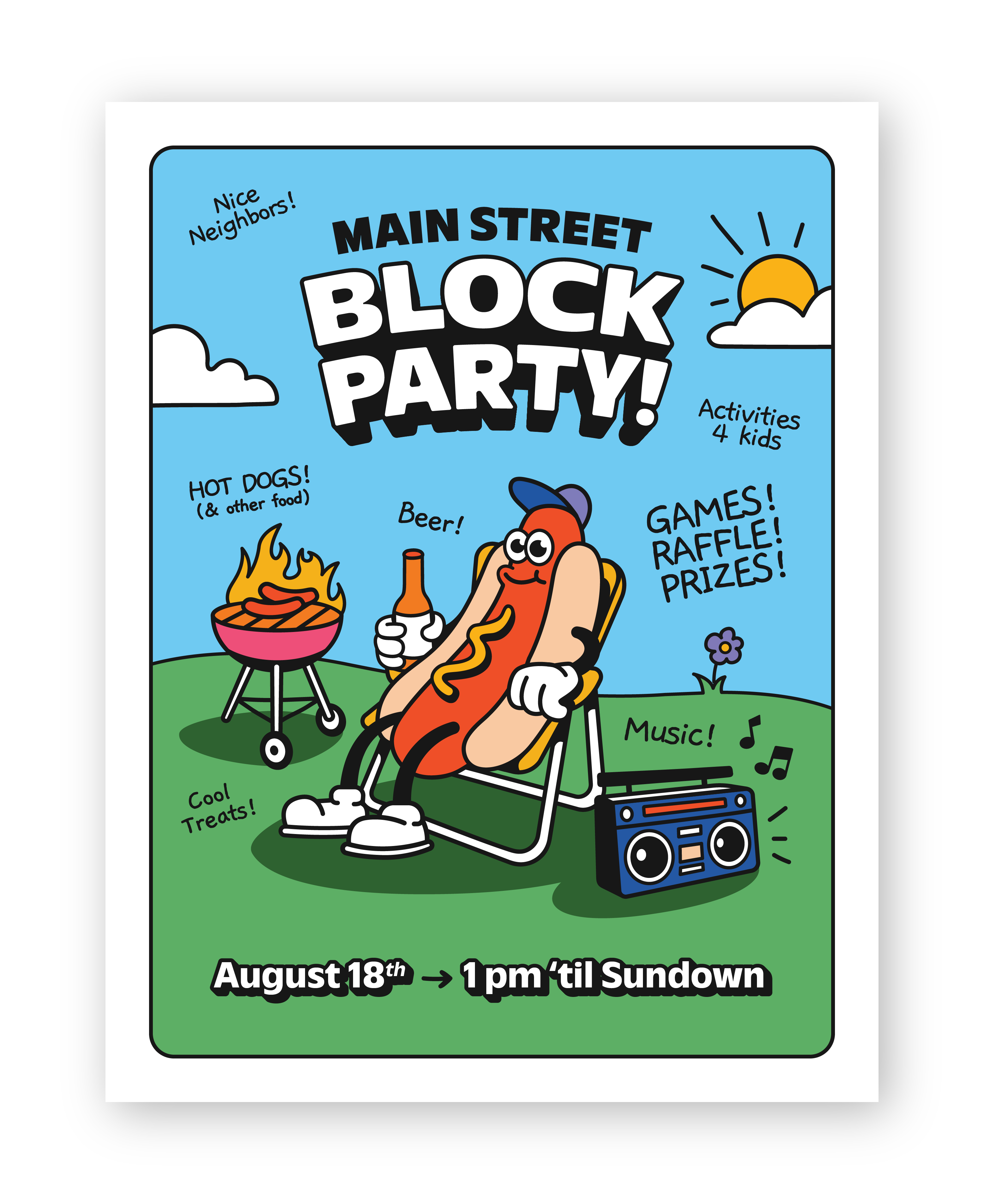 Block Party Flier barbeque bbq block party boombox event poster flier graphic design grill hot dog illustration poster summer