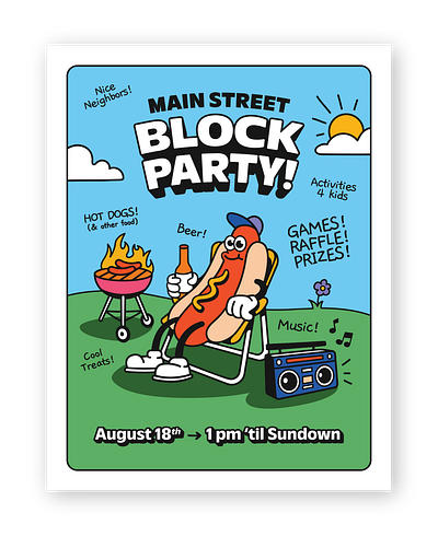 Block Party Flier barbeque bbq block party boombox event poster flier graphic design grill hot dog illustration poster summer